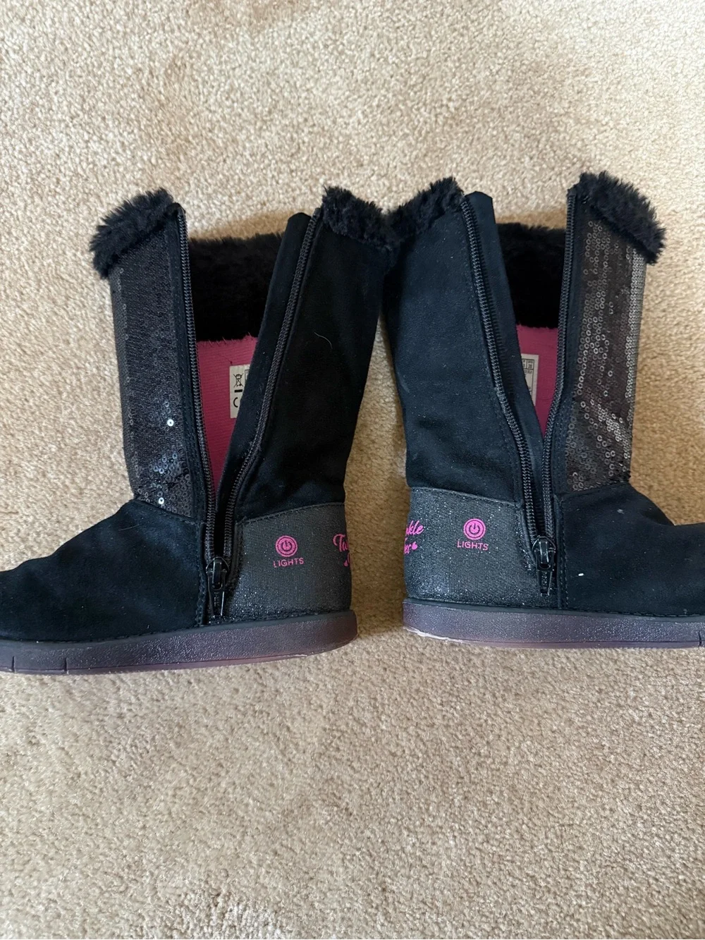 Kids Sketcher Black Sparkly Winter Boots with Faux Fur